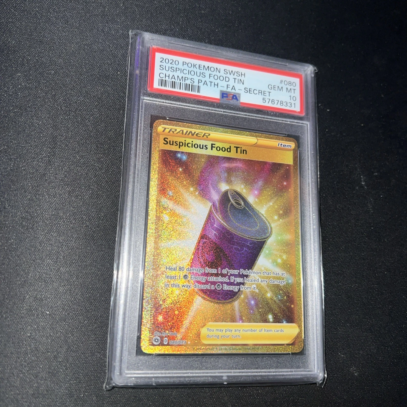 Pokemon SWSH Champion Path Suspicious Food Tin 80/73 Secret Rare Holo PSA 10
